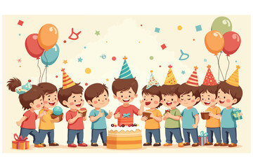 Fototapeta premium Celebrating Birthday Party with Cake Balloons and Friends