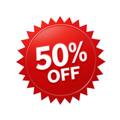 Bright Red 50 Percent Off Sale Badge for Discount Promotions, 50% Off Red Sale Badge, Transparent Background