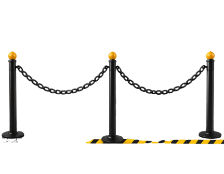 Industrial Style Black and Yellow Road Barrier with Safety Cones and Chain, isolated