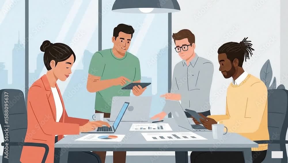 Aufkleber flat 2d animation of diverse business team collaborating in a modern office environment with laptops