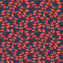 Seamless pattern featuring vibrant red leaves on a deep navy background. This botanical design is perfect for autumn-themed projects, textiles, packaging, wallpaper, and invitations.