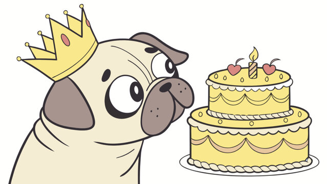 Cute pug dog birthday party celebration with cake and crown vector illustration clip art graphic design