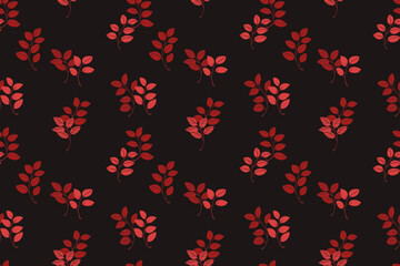 Seamless pattern featuring delicate foliage with burgundy leaves on a black background. This autumn-inspired design is perfect for textiles, packaging, invitations, and wallpapers.