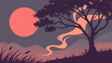 Beautiful landscape illustration of a full moon night with trees and grass vector design 100