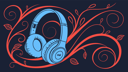 Fototapeta premium Stylish blue headphones with floral design for music lovers and audio enthusiasts illustration vector art