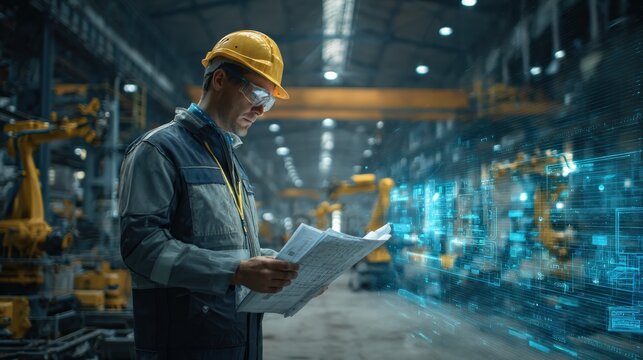 medium shot of a construction engineer checking blueprints while standing on an unfinished factory floor, robotic arms and scaffolding in background, authentic and photorealistic