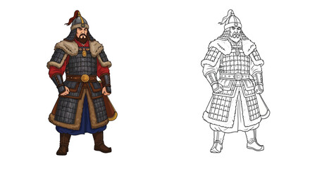 Mongol General Coloring Page with Detailed Colored and Outline Depiction Asian History Art