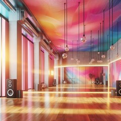 Setting Vibrant dance studio mirrored walls wooden floor natural