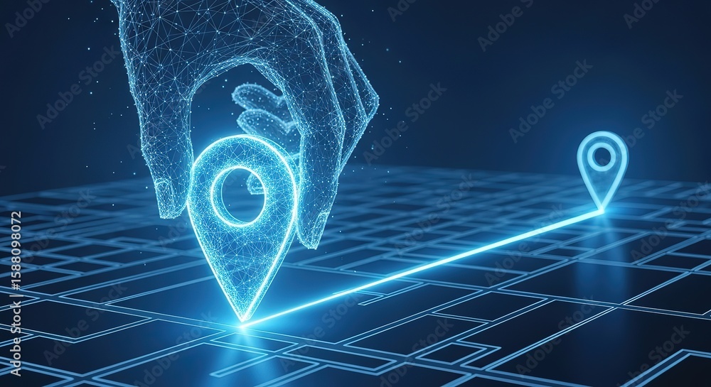 Poster digital hand places glowing map pin on futuristic grid indicating a connected global network