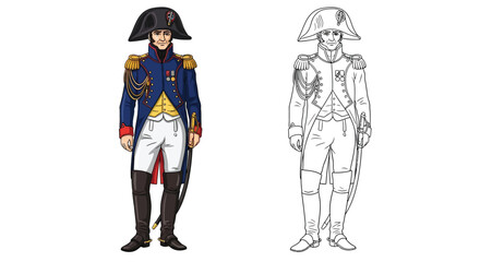 Fototapeta premium Napoleonic Era General Coloring Page with Detailed Colored and Outline Style Historical Uniform