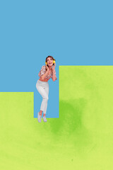 Vertical banner 3d art pop image collage of happy businesswoman businessman climb stand chart...