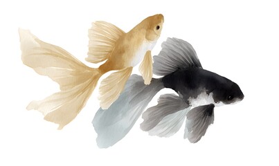  two elegant black gold fish swimming in circular motion, flowing translucent fins, flowy long translucent tail, head behind the other fish tail, abstract watercolour flowy strokes