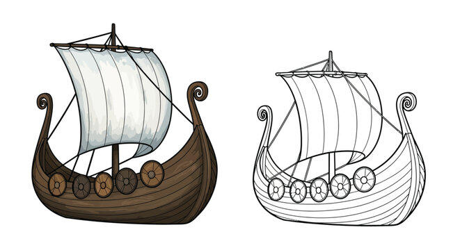 Nordic Knarr Cargo Ship Coloring Page with Detailed Colored and Outline Variants Viking History