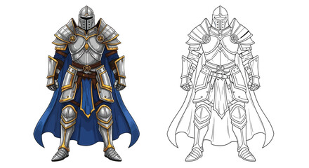 Paladin Warrior Coloring Page with Detailed Colored and Outline Armor Fantasy Roleplay