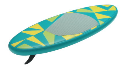 Inflatable SUP board with vibrant geometric patterns and detachable center fin for lake cruising