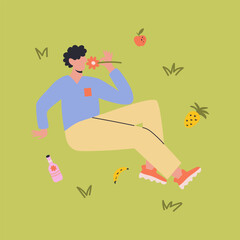 Man is relaxing in park on picnic. Male resting outdoors lying on green grass. Lunch break, time for yourself. Isolated flat vector illustration.