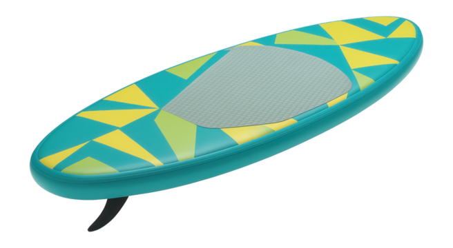 Inflatable SUP board with vibrant geometric patterns and detachable center fin for lake cruising