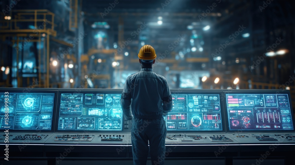 Wall mural medium shot of a smart factory control panel with holographic interface and a technician monitoring 