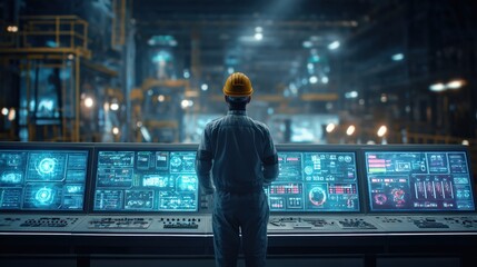 medium shot of a smart factory control panel with holographic interface and a technician monitoring systems, cool ambient lighting, futuristic high-tech environment, photorealistic