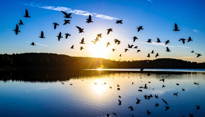 Birds fly over a lake at sunrise