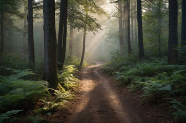 Fototapeta premium A narrow dirt path winding gently through a misty forest with soft morning light filtering between tall trees creating a peaceful natural atmosphere framed by subtle fog layers and