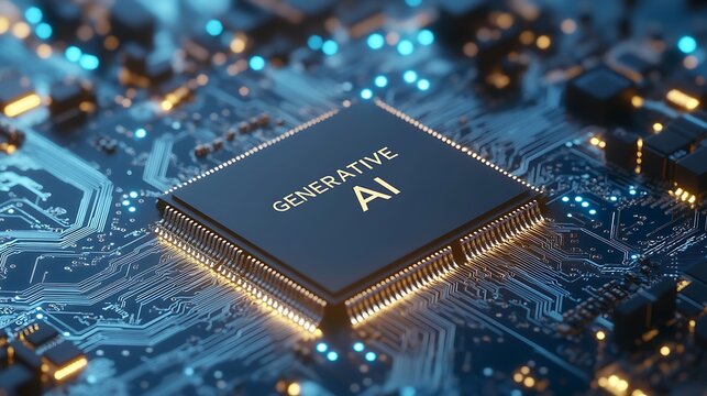 Generative AI Microchip: Futuristic Technology, Circuit Board, Abstract, Blue and Gold.