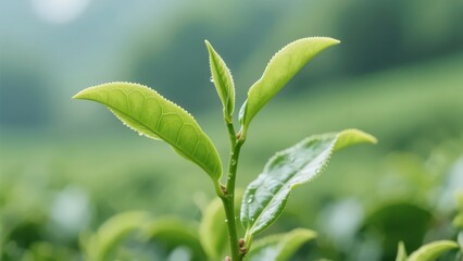 Obraz premium A tea branch with water droplets shows the natural and fresh beauty against the backdrop of a tea field and distant mountains. 