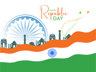 Happy Independence day celebration background design with tricolor flag and indian tourist places. Vector Illustration.