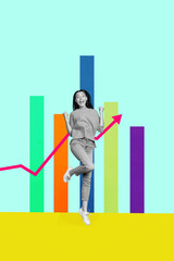 Image pop 3d zine vertical collage of happy businessman businesswoman stand arrow development career chance promotion employee