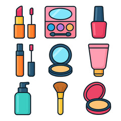 Cosmetic and Beauty Products Icon Set in Flat Style for Skincare and Makeup Design