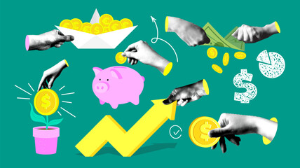 Set of halftone hands holding coins. Money concept. Modern collage Concepts of financial, economics and savings. Throw coin into piggy bank, sales chart, capital growth