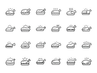 Comprehensive Collection of Outline Icons for Fast Food, Fried Chicken, Meals, and Condiments