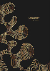 Template with linear drops. Wavy golden design. Luxury vertical banner with wave pattern. Flowing liquid texture. Bronze curves. Black background with gold lines. Geometric dynamical rippled surface