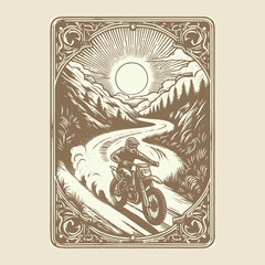 classic motorcycle climbs highland curve in worn vector print

