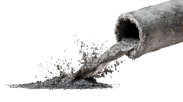 Concrete pouring from a pipe on a black background showing construction and industrial process in action