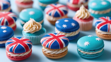 Colorful macarons and muffins representing national flags displayed on a light blue background at a dessert event