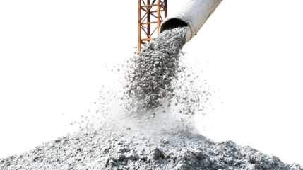 A pipe pouring a large amount of wet concrete onto a pile with a metal structure in the background