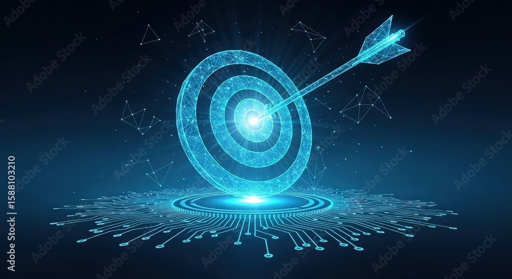 Poster digital target achieved with arrow in bullseye representing success and technological advancement