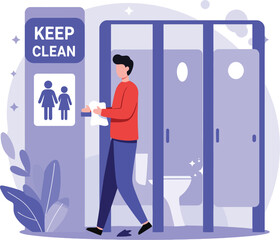 Keep Public Toilet Clean - Flat Vector Hygiene Illustration