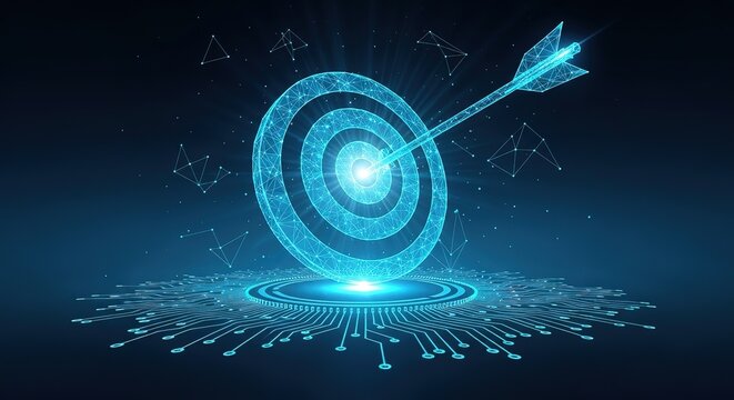Digital target achieved with arrow in bullseye representing success and technological advancement
