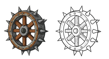 Obraz premium Spiked Wheel Trap Coloring Page with Colored and Outline Drawing Medieval Warfare