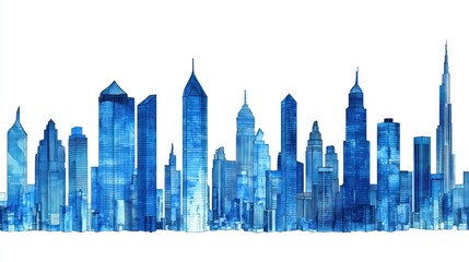 Fototapeta premium Abstract skyline illustration featuring blue-toned skyscrapers against a white background