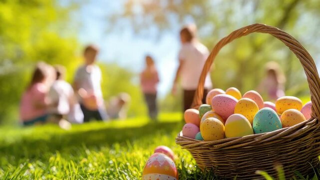 Children gathered at park for easter egg hunt, finding eggs in grassy field under warm sunlight.