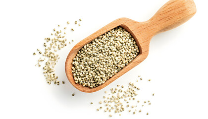Cannabis Seeds in Wooden Scoop on White Background