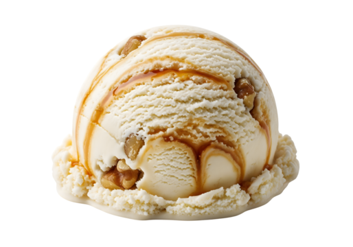 Single Scoop of Maple Walnut Ice Cream with Syrup Swirls on White Background, High-Resolution Food Photography