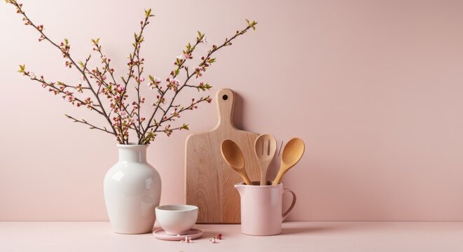 Still life with vase, flowers, kitchen utensils and cutting board on pink table
