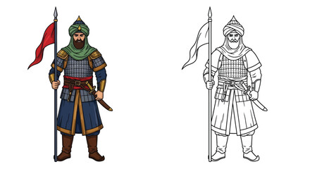 Turkish Seljuk General Coloring Page with Detailed Colored and Outline Medieval Turkish History