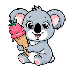 Cartoon koala holding a strawberry ice cream cone with a happy expression on a black background