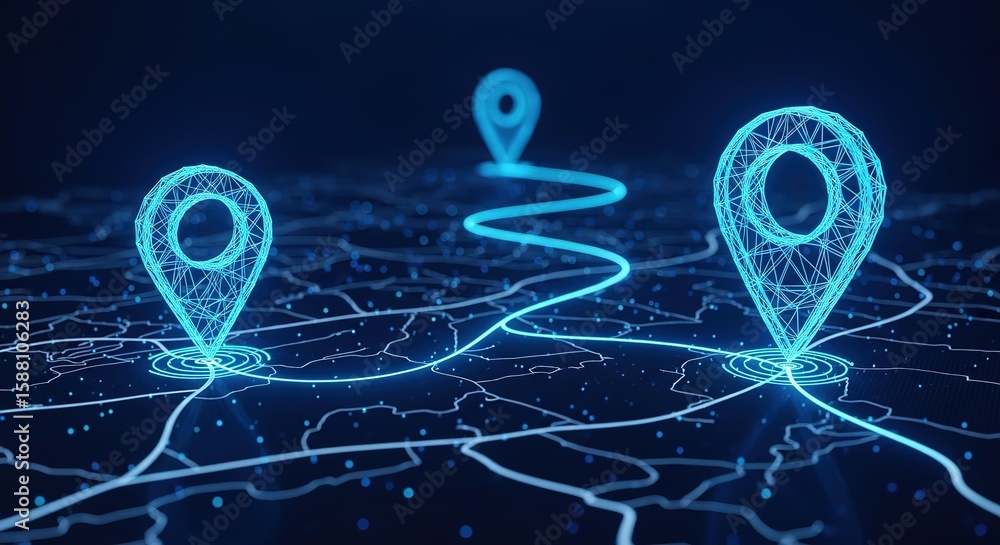 Poster digital map with glowing blue location pins connected by a winding path on a dark background