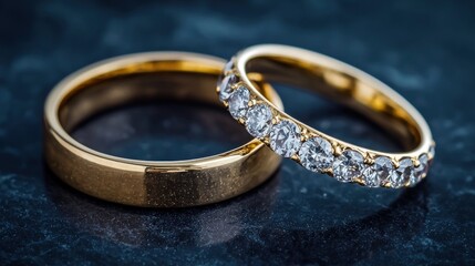 Close-up of two elegant wedding rings on a dark textured surface, symbolizing love and commitment